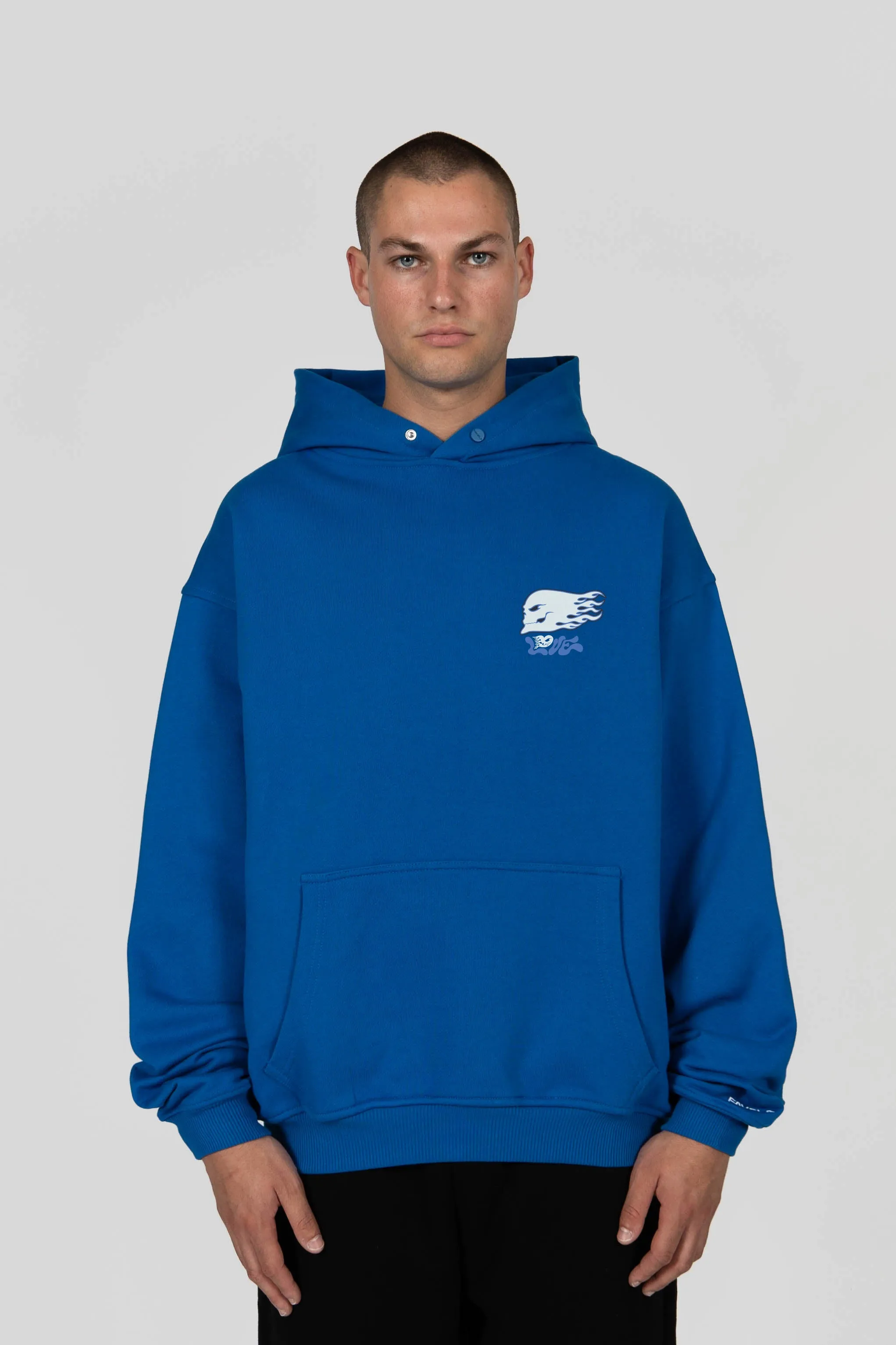 %FLAMED HEART ROYAL BLUE SNAP BUTTON HOODIE%