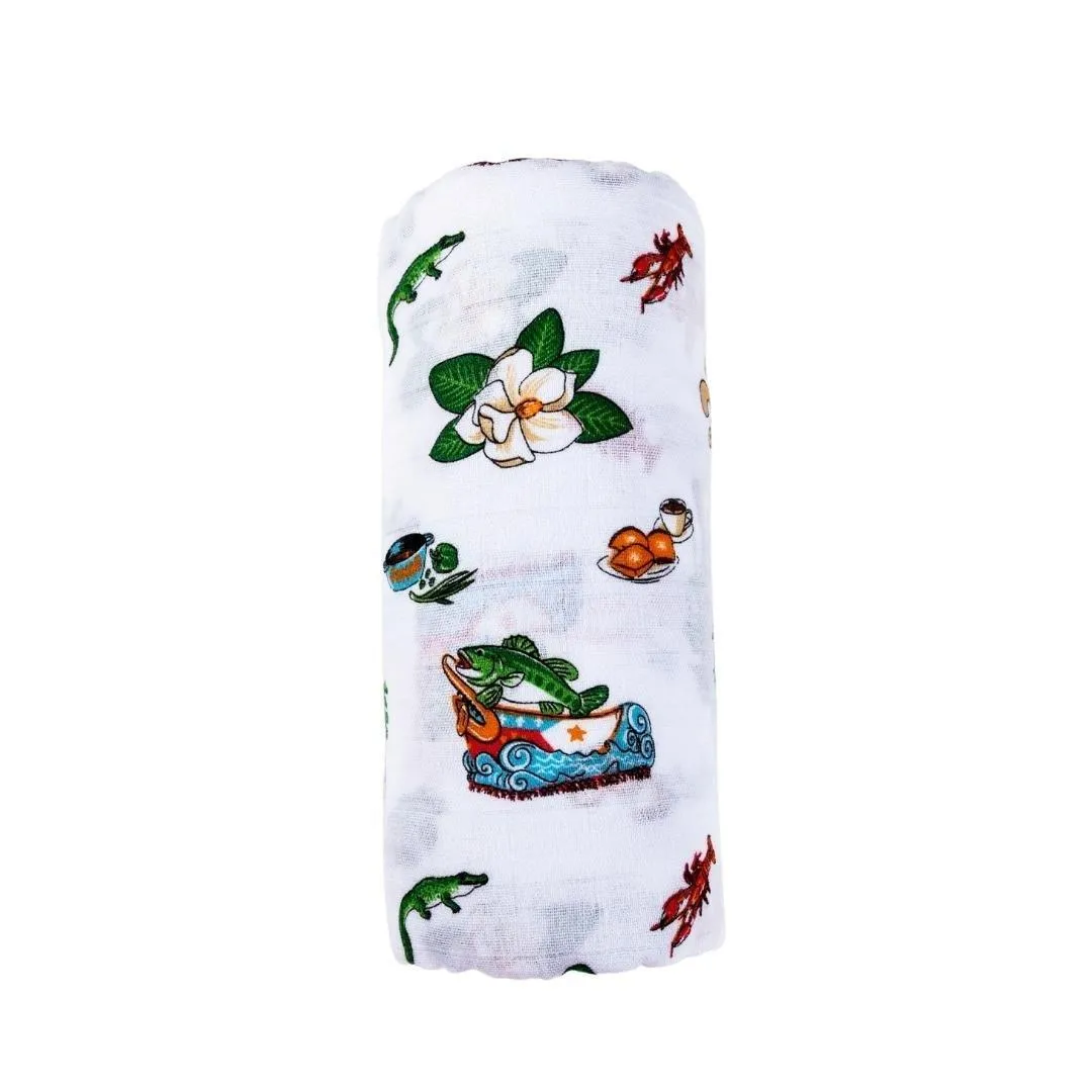 Gift Set: Louisiana Baby Muslin Swaddle Blanket and Burp Cloth/Bib Combo