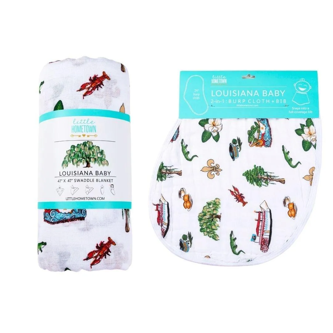 Gift Set: Louisiana Baby Muslin Swaddle Blanket and Burp Cloth/Bib Combo