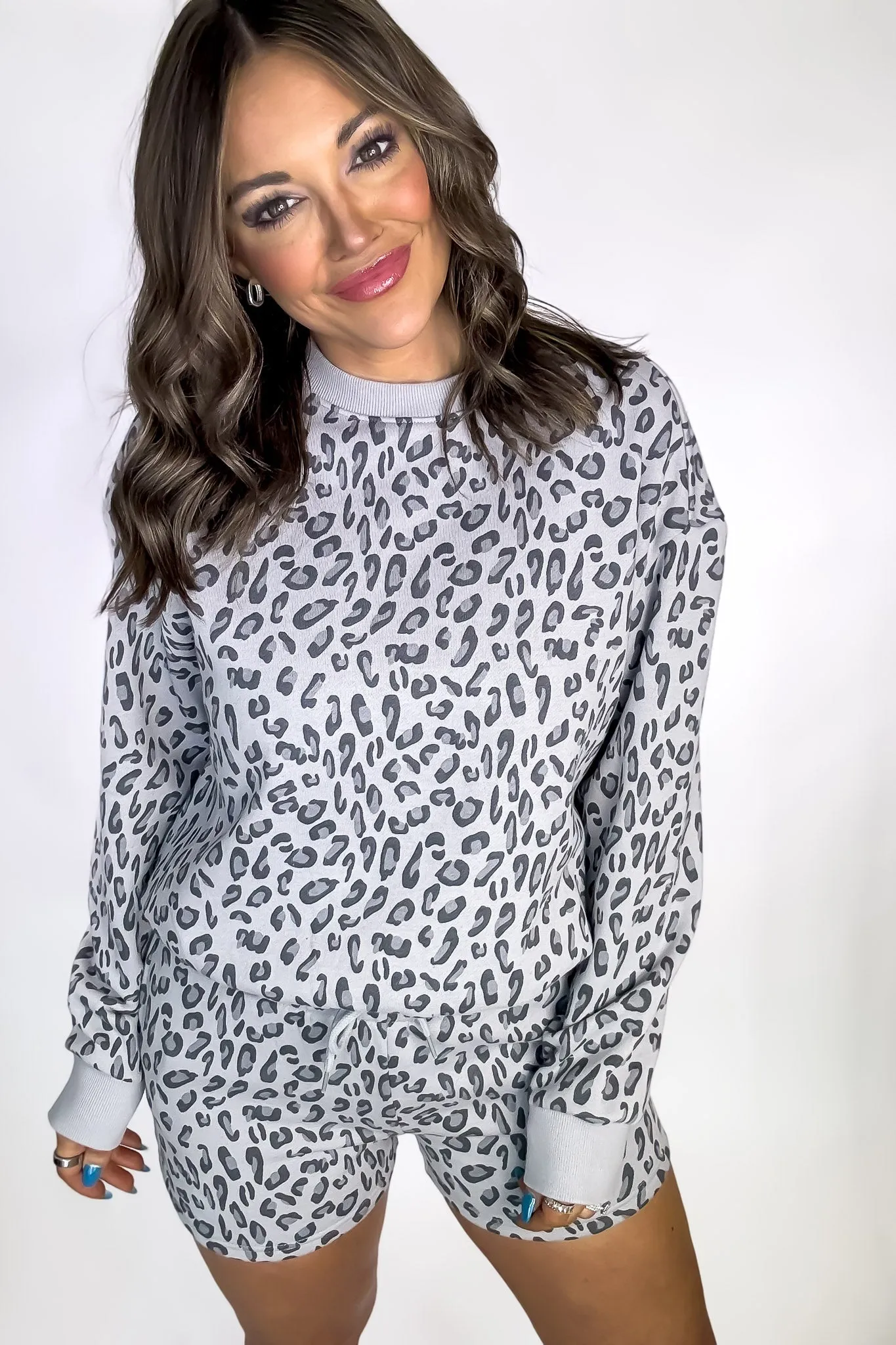 Grey Leopard Pullover Fleece Animal Print Sweatshirt