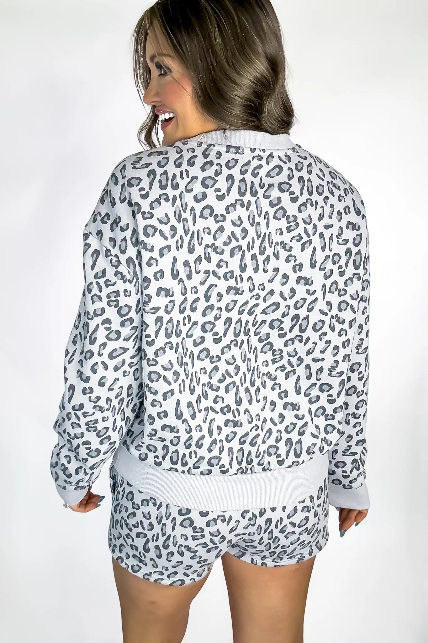 Grey Leopard Pullover Fleece Animal Print Sweatshirt