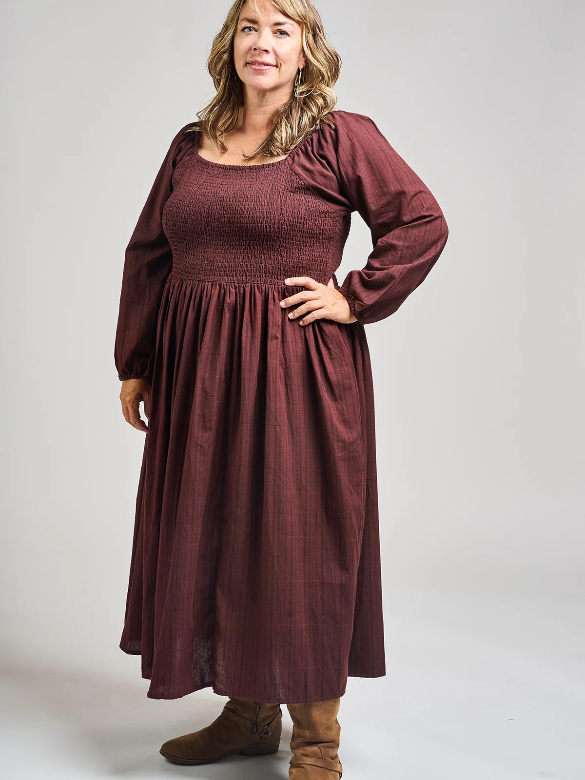 Hailee Smocked Plus Size Midi Dress - Maroon Plaid