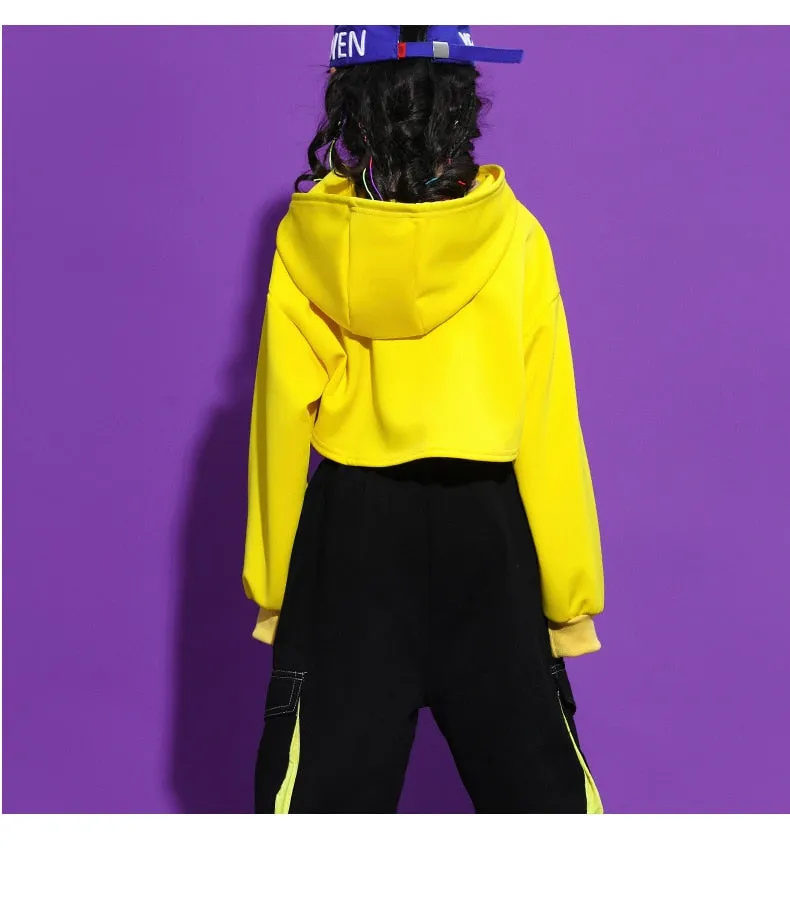 HH7192 NEW!! Hip Hop Dance Costume -Girls Yellow Crop Tops Black Cargo Pants