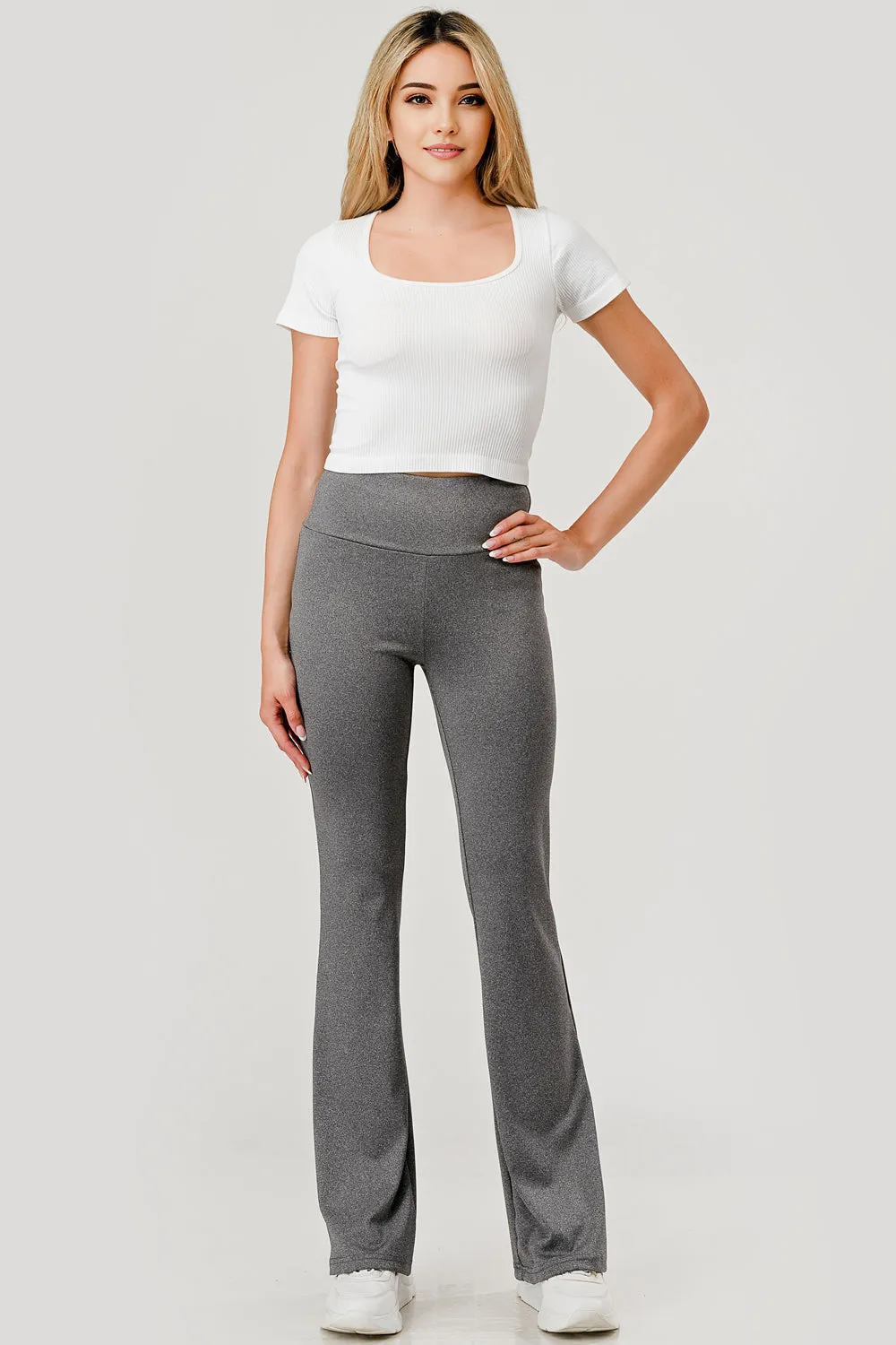 High Waist Tummy Control Boot Cut Flare Pants - Light Gray