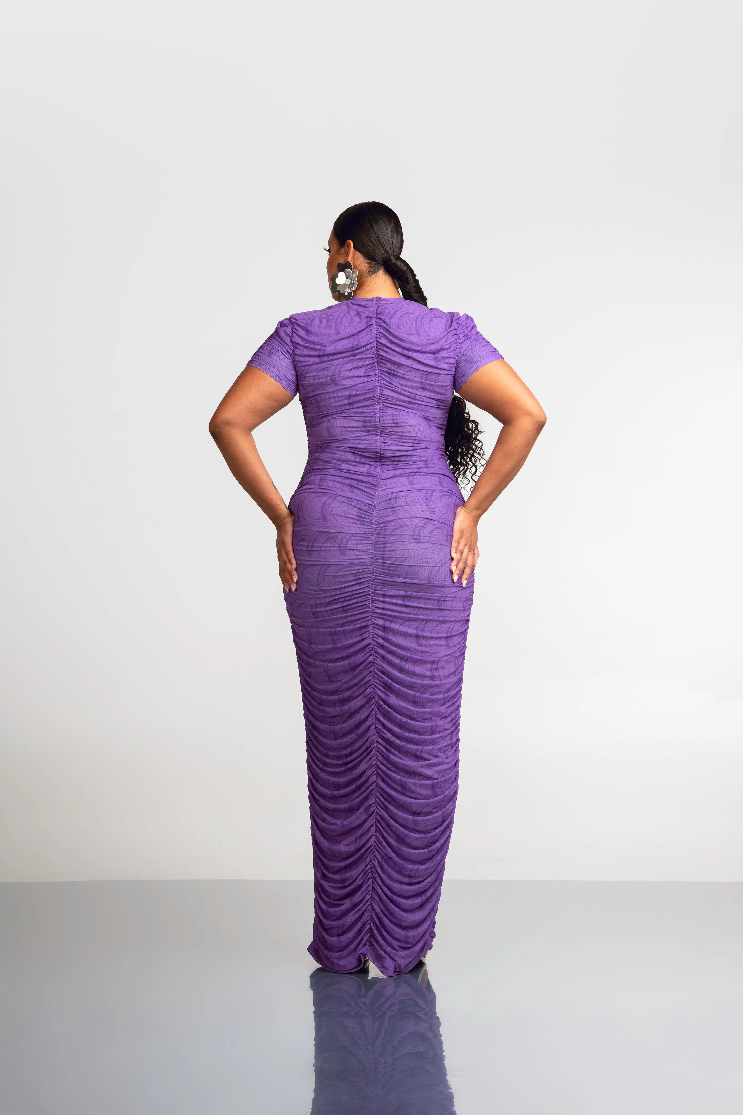 IZA PURPLE RUCHED MAXI MESH DRESS