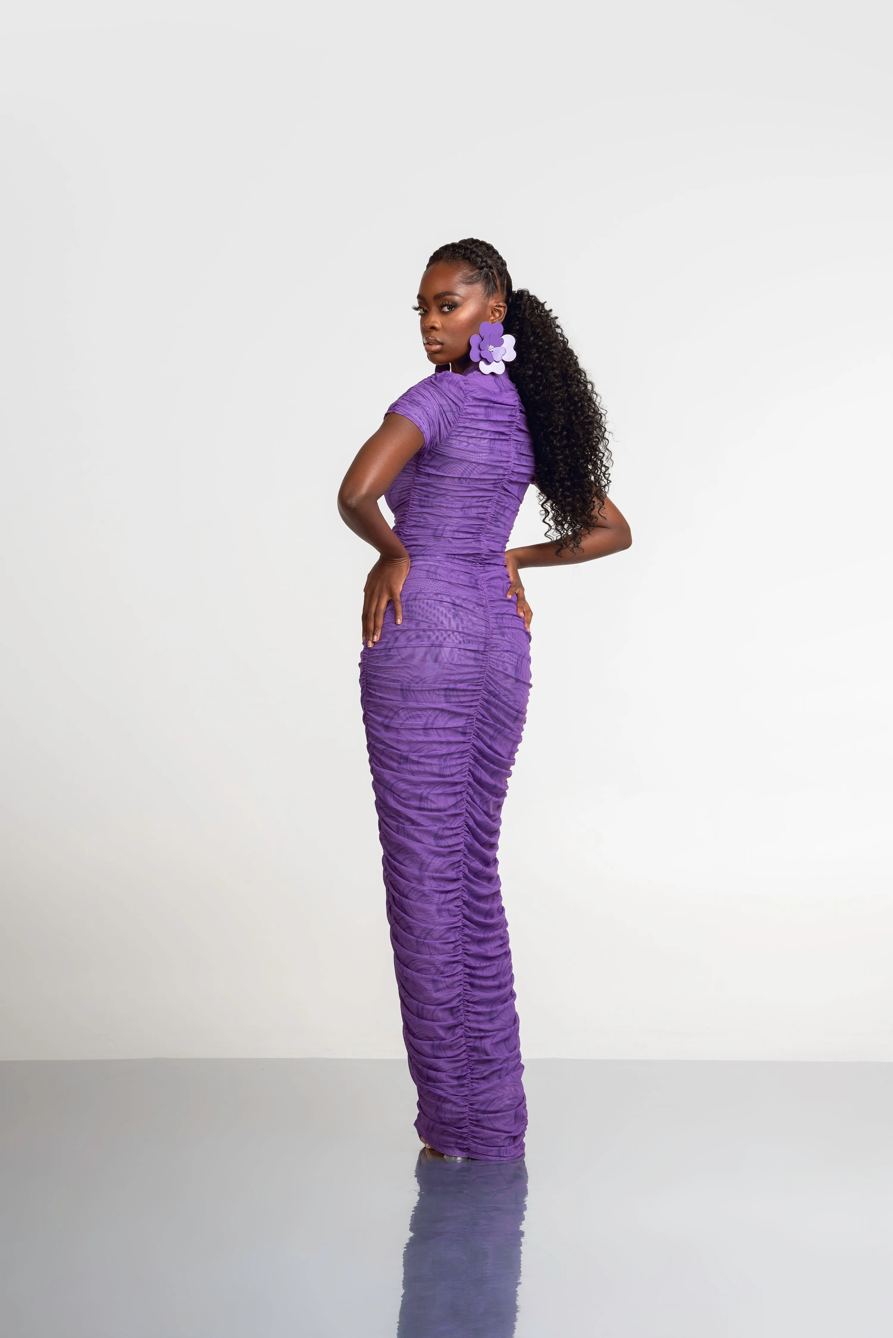 IZA PURPLE RUCHED MAXI MESH DRESS