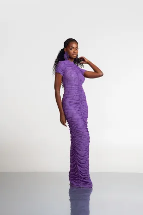 IZA PURPLE RUCHED MAXI MESH DRESS