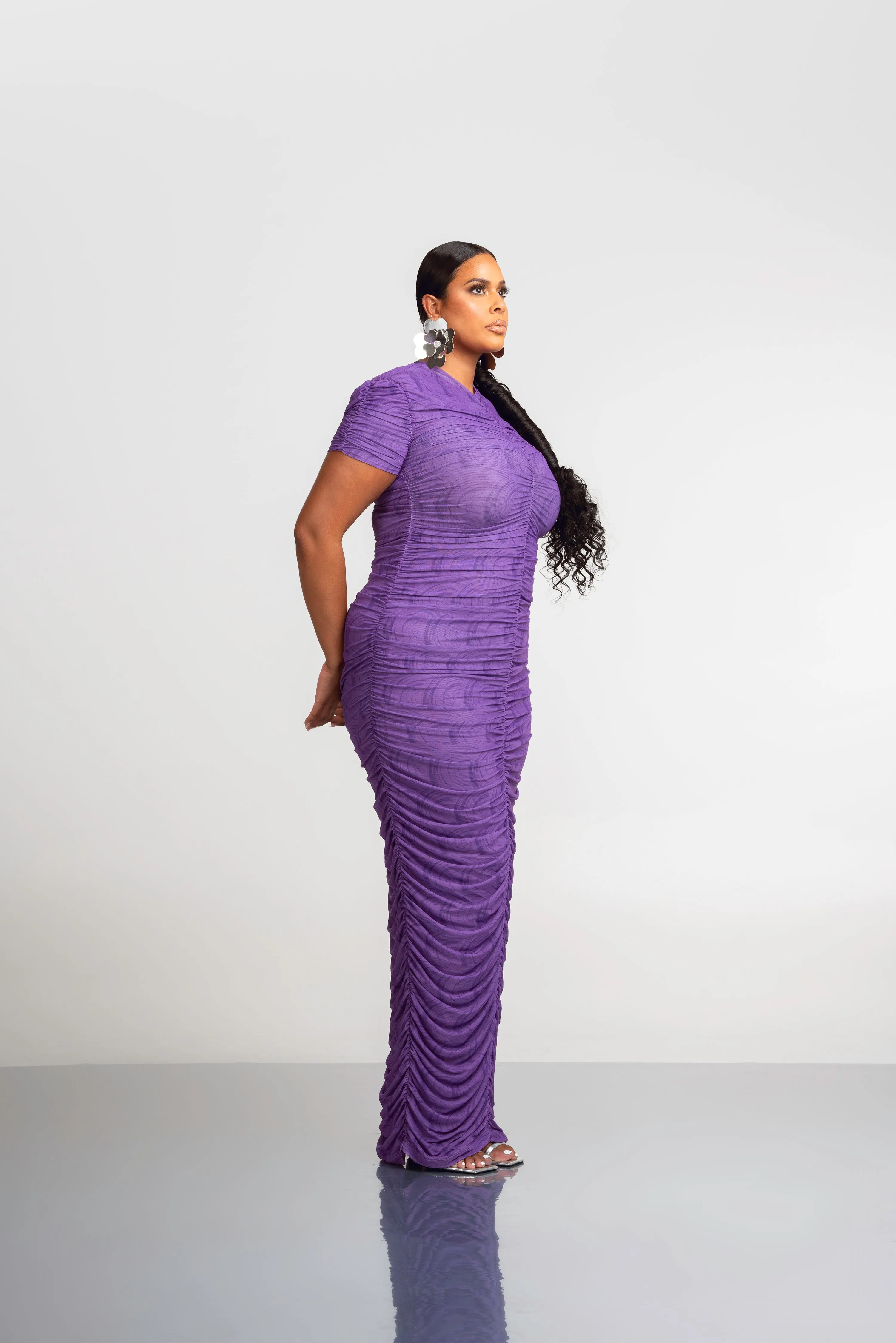 IZA PURPLE RUCHED MAXI MESH DRESS