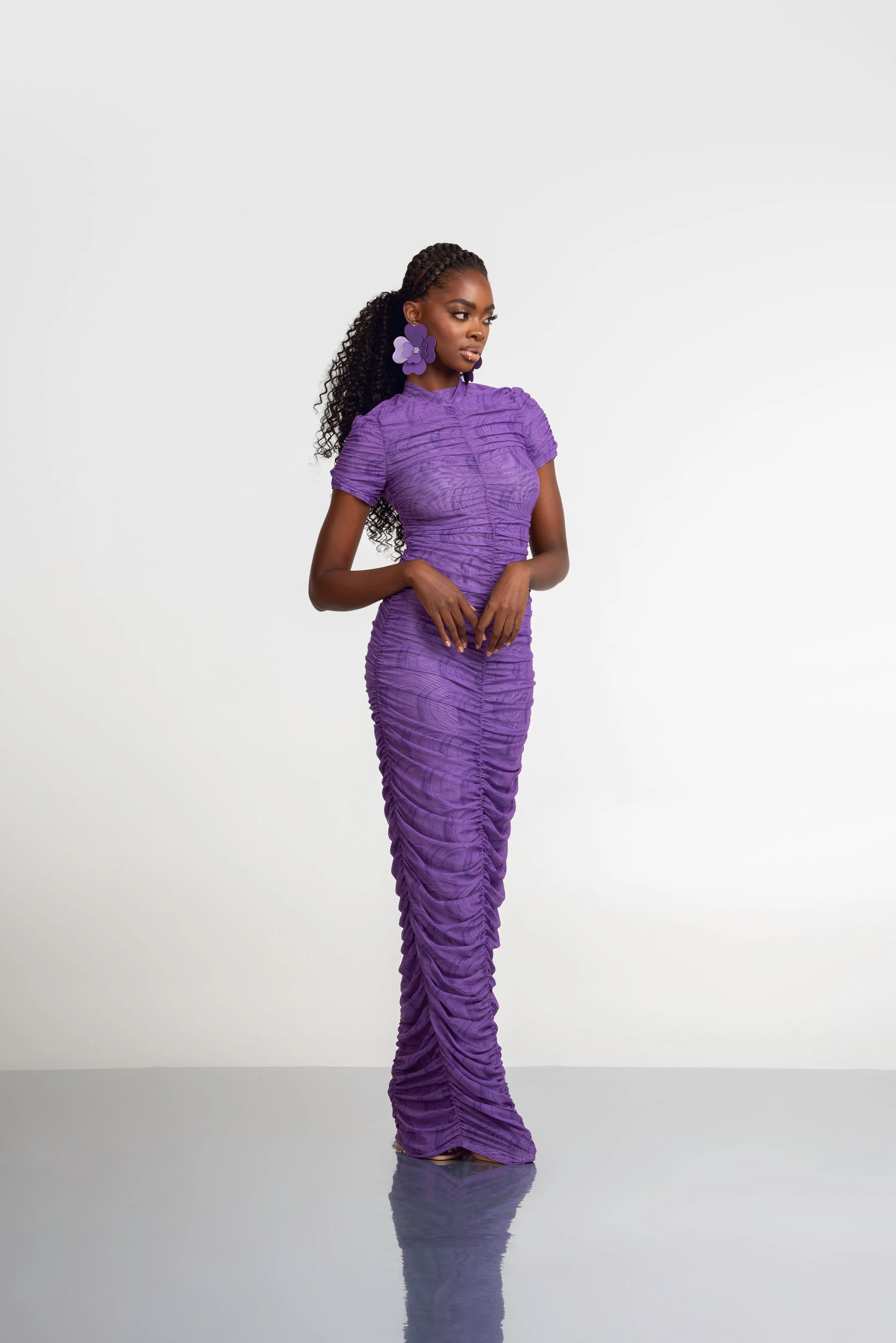 IZA PURPLE RUCHED MAXI MESH DRESS