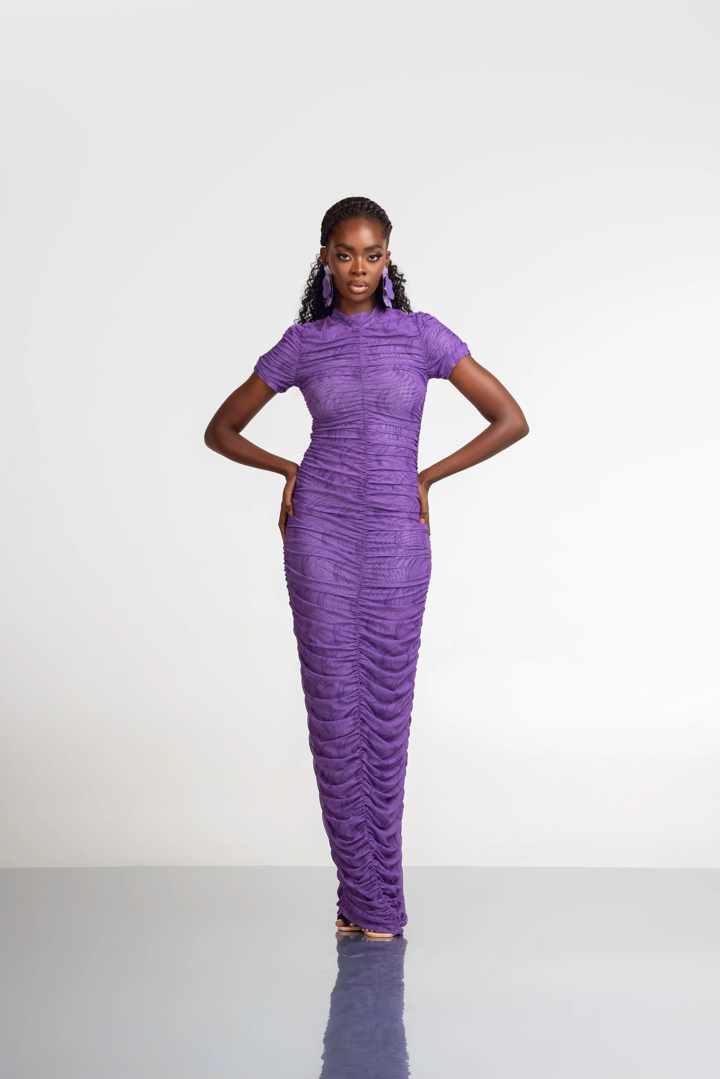 IZA PURPLE RUCHED MAXI MESH DRESS