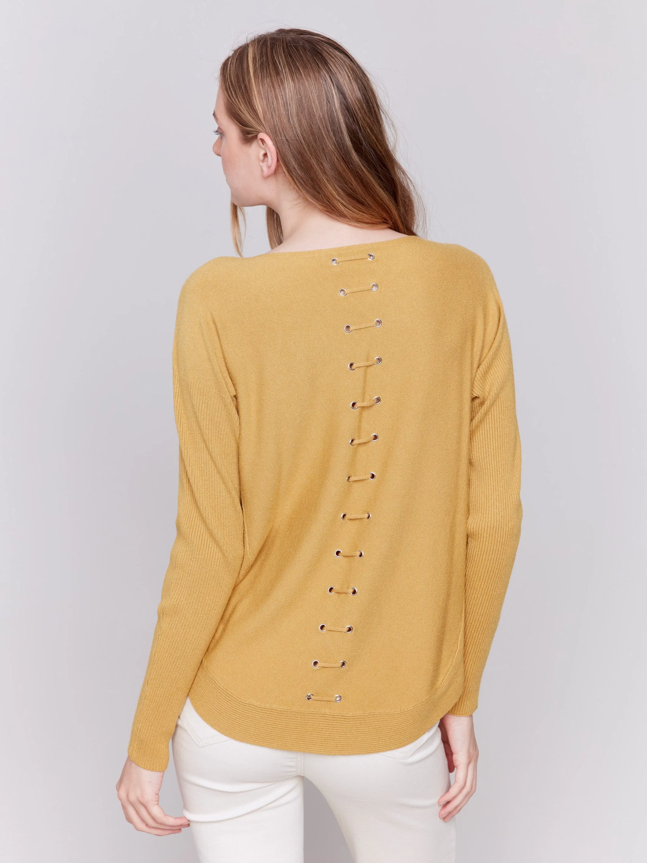 Knit Sweater with Back Detail Lace-Up  - Amber