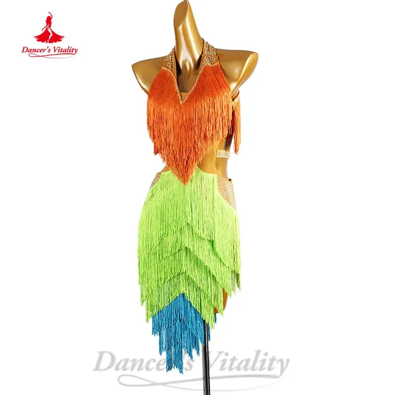 Latin Dance  Competition Clothing Customized Senior AB Stones Gradient Tassel Dress Women Tango Chacha Rumba Performance Costume