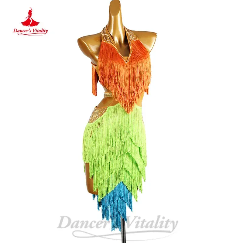 Latin Dance  Competition Clothing Customized Senior AB Stones Gradient Tassel Dress Women Tango Chacha Rumba Performance Costume