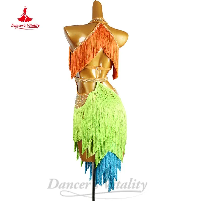 Latin Dance  Competition Clothing Customized Senior AB Stones Gradient Tassel Dress Women Tango Chacha Rumba Performance Costume