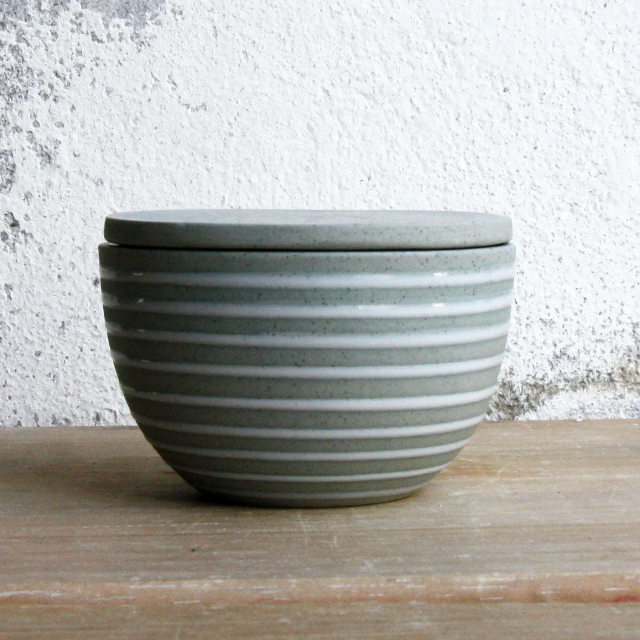 Lidded Bowl, Stone Blue w/ glazed stripes