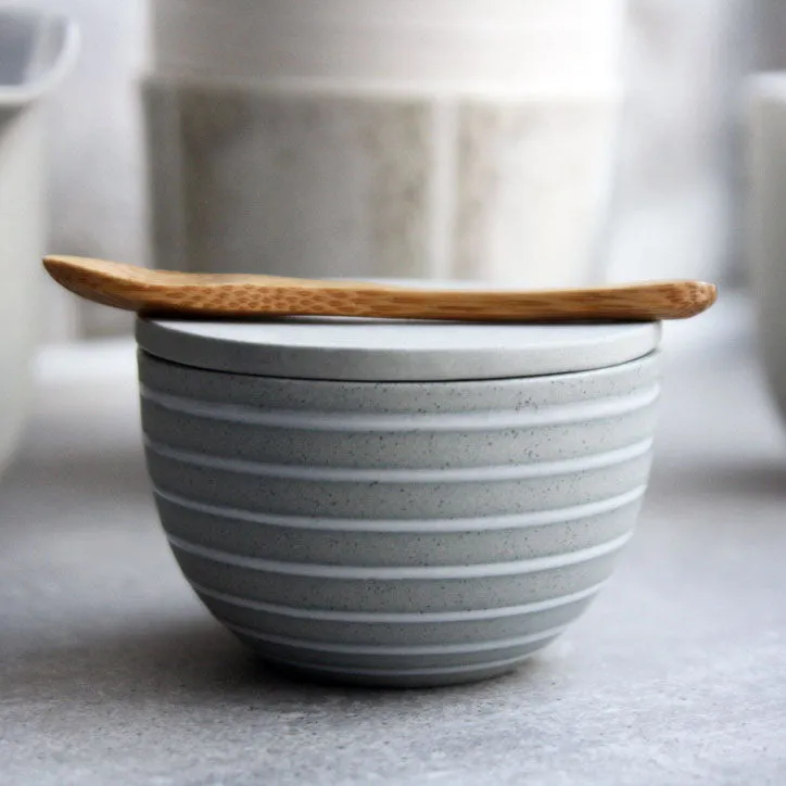 Lidded Bowl, Stone Blue w/ glazed stripes