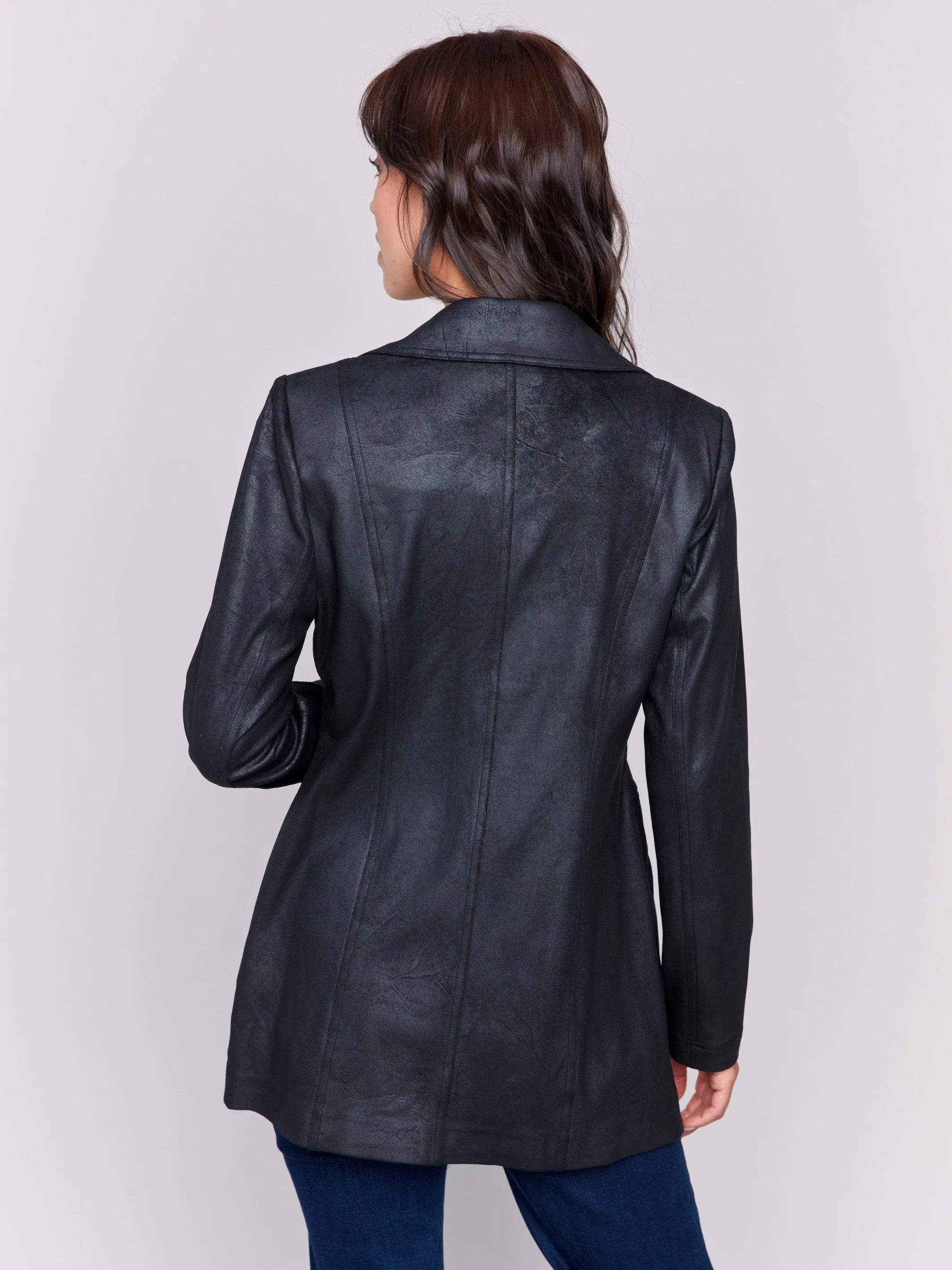 Long Vintage Faux Suede Jacket - Black