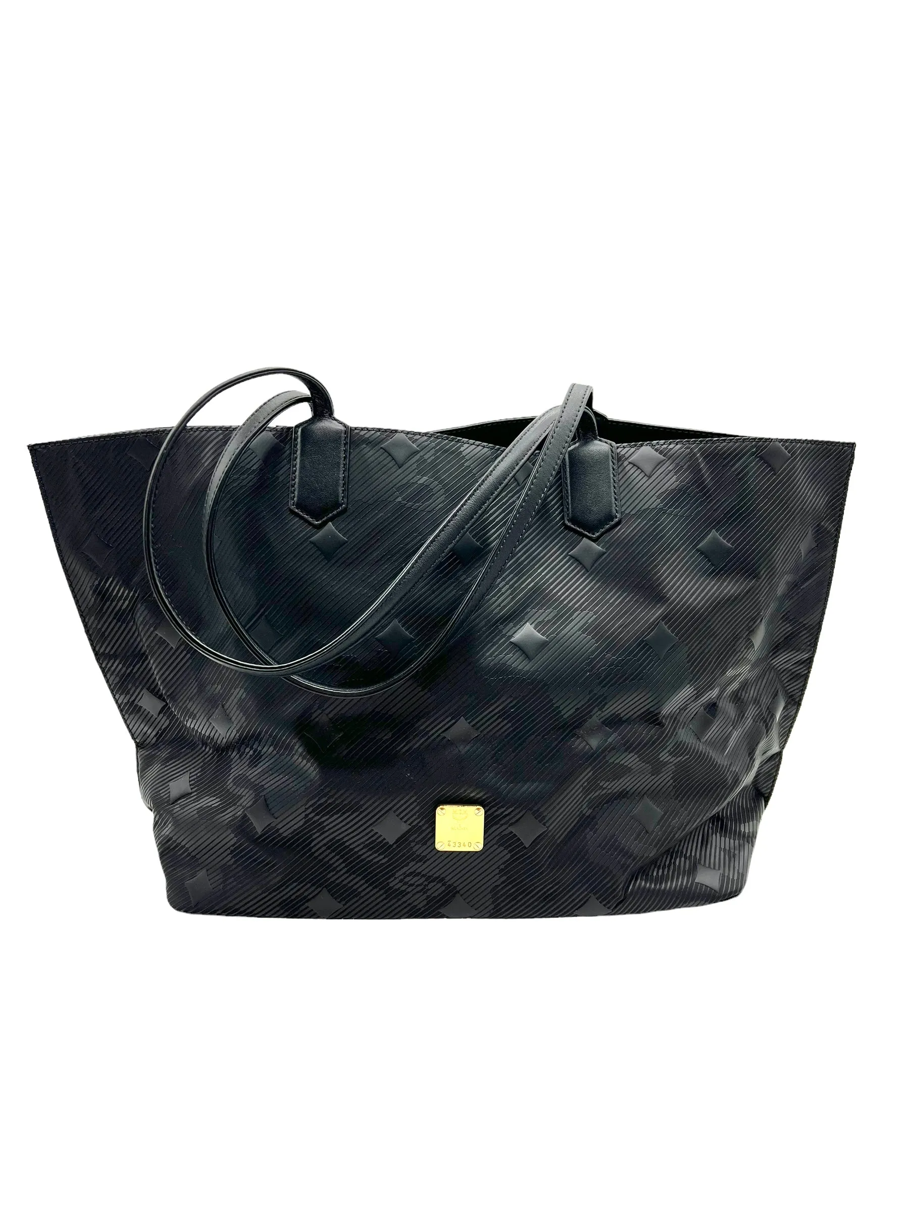 MCM Rubberized Black Nylon Abstract Lion Print Tote