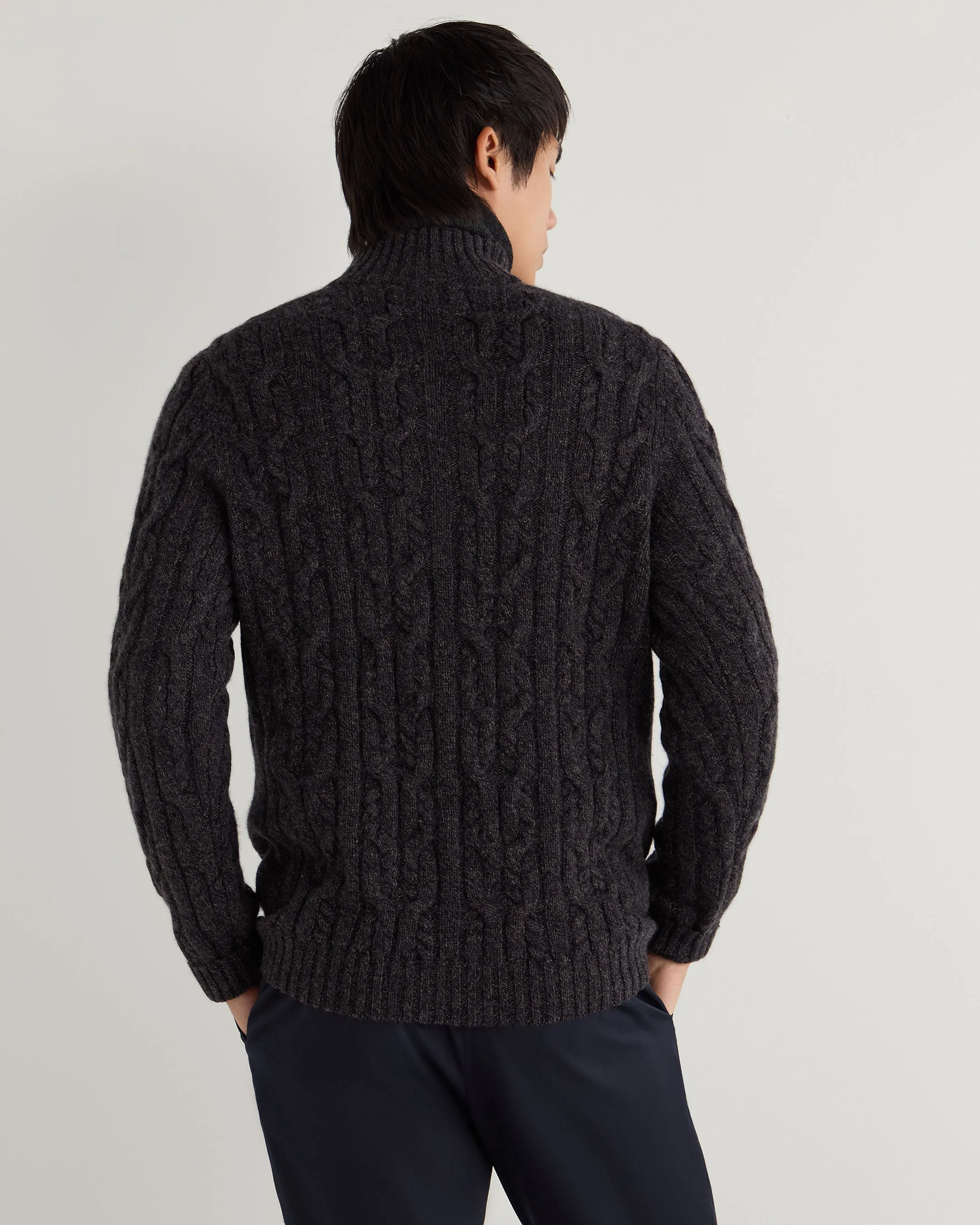 Men's Textured Cable Half Zip Cashmere Jumper Granite Blue