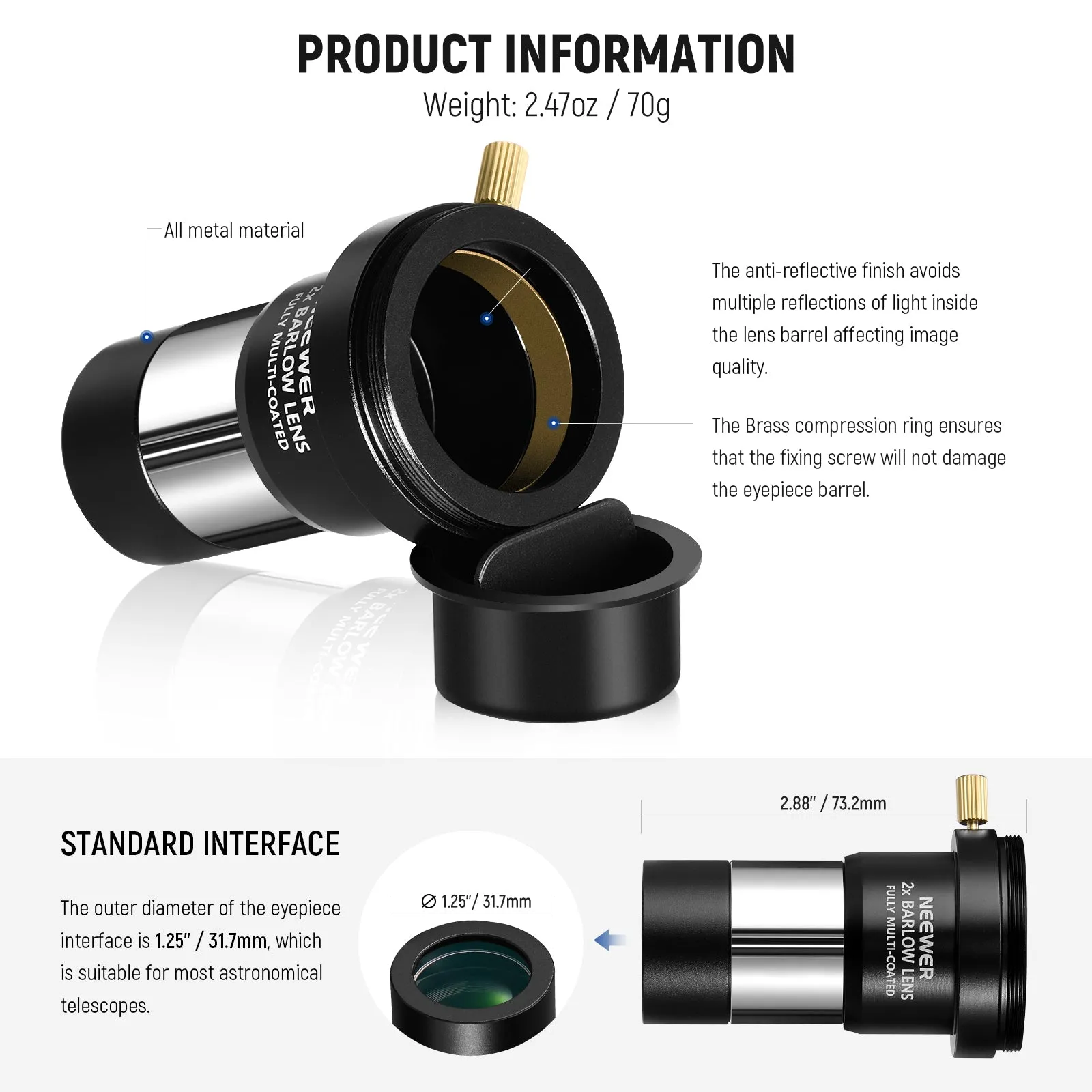 NEEWER 1.25” 2X Barlow Lens to Double Magnify Eyepieces