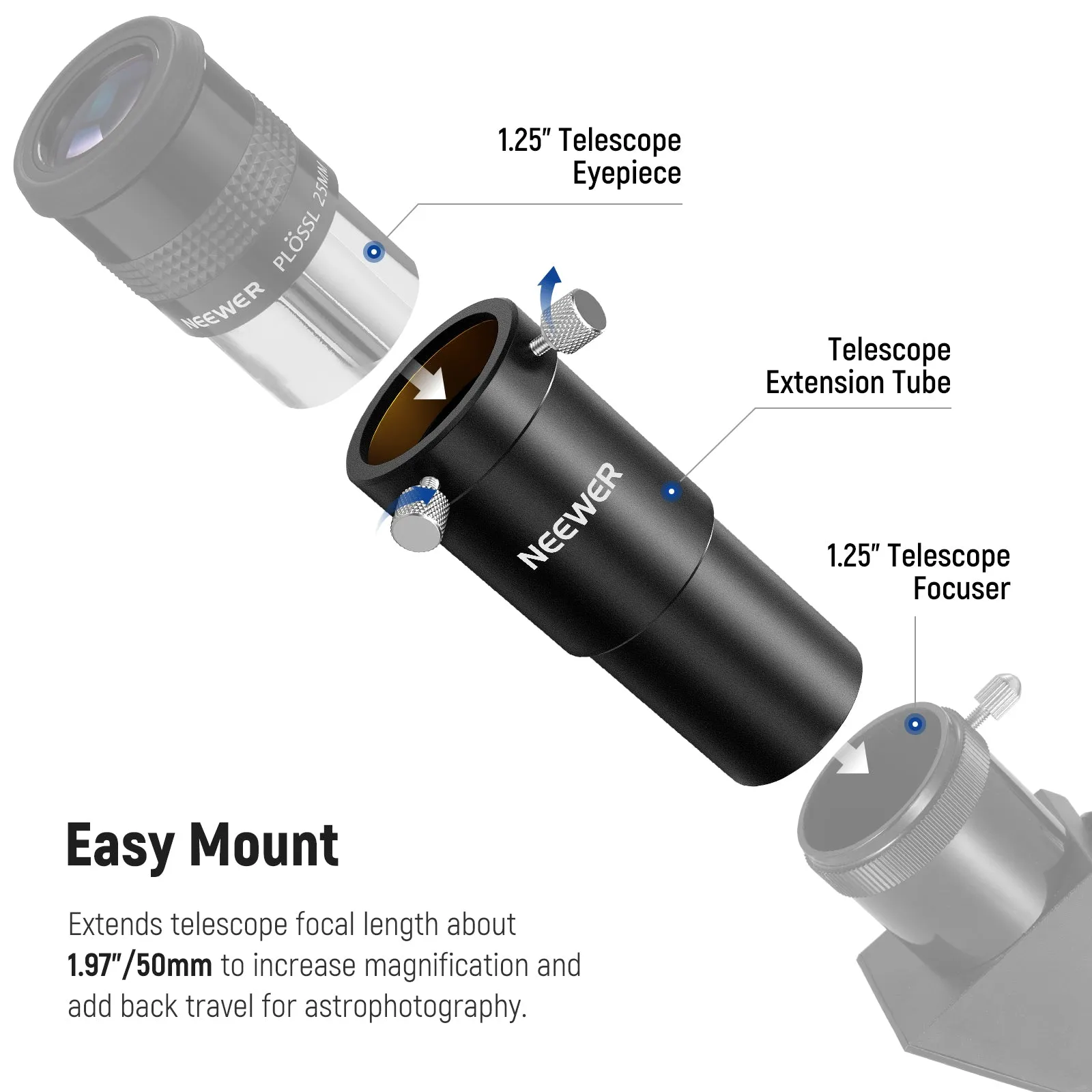 NEEWER 1.25" 90mm Telescope Eyepiece Extension Tube