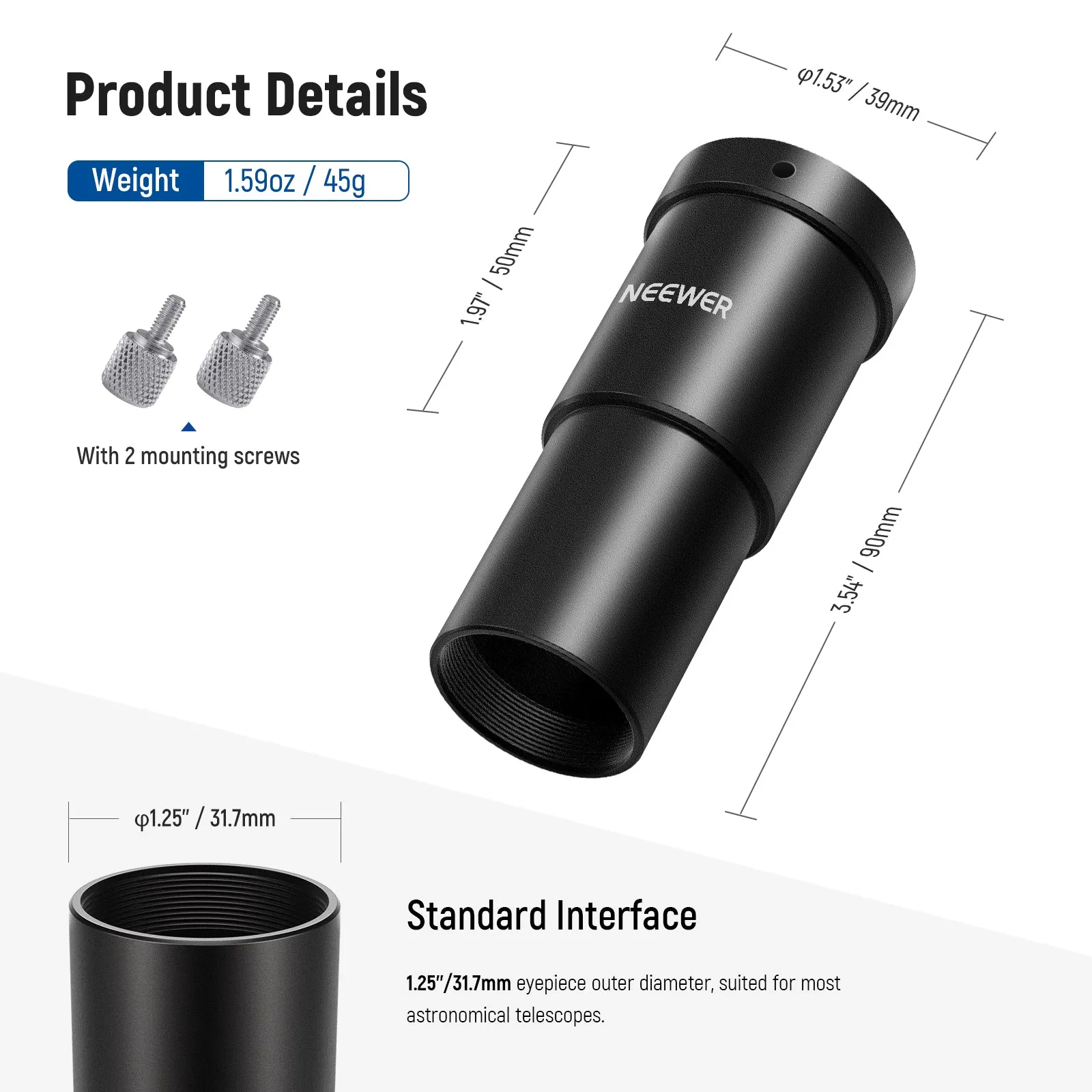 NEEWER 1.25" 90mm Telescope Eyepiece Extension Tube