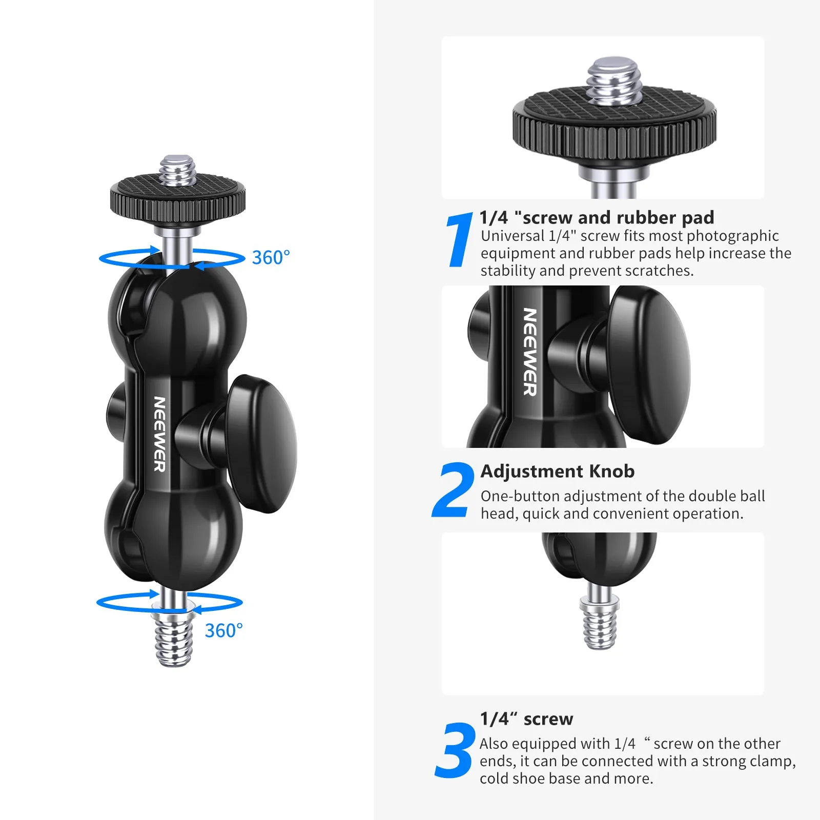 NEEWER Camera Mount Clamp with Dual Ball Head Adapter