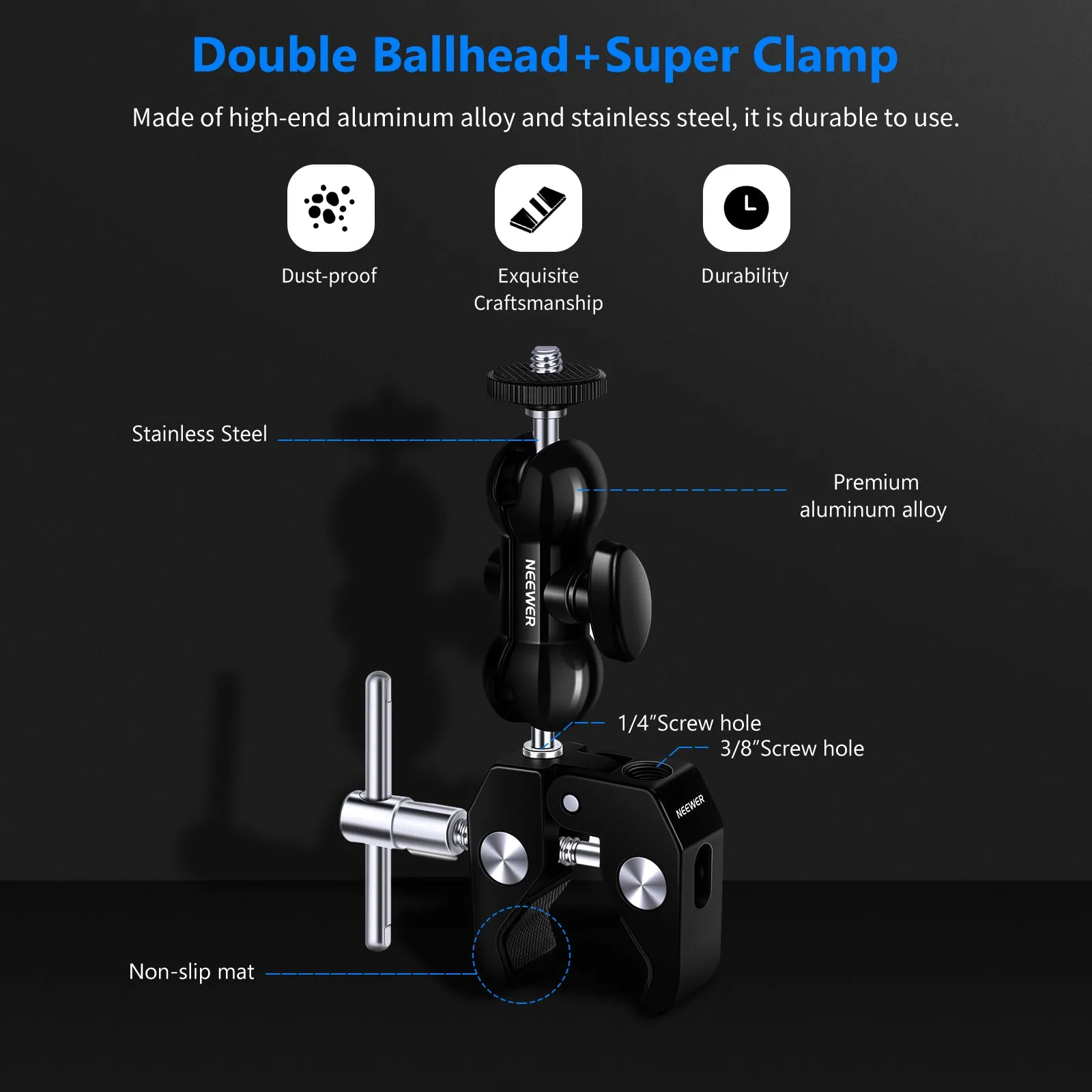 NEEWER Camera Mount Clamp with Dual Ball Head Adapter