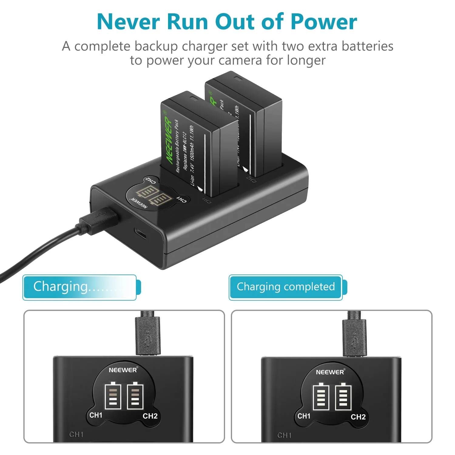 NEEWER DMW-BLC12 Panasonic Replacement Battery Charger Set