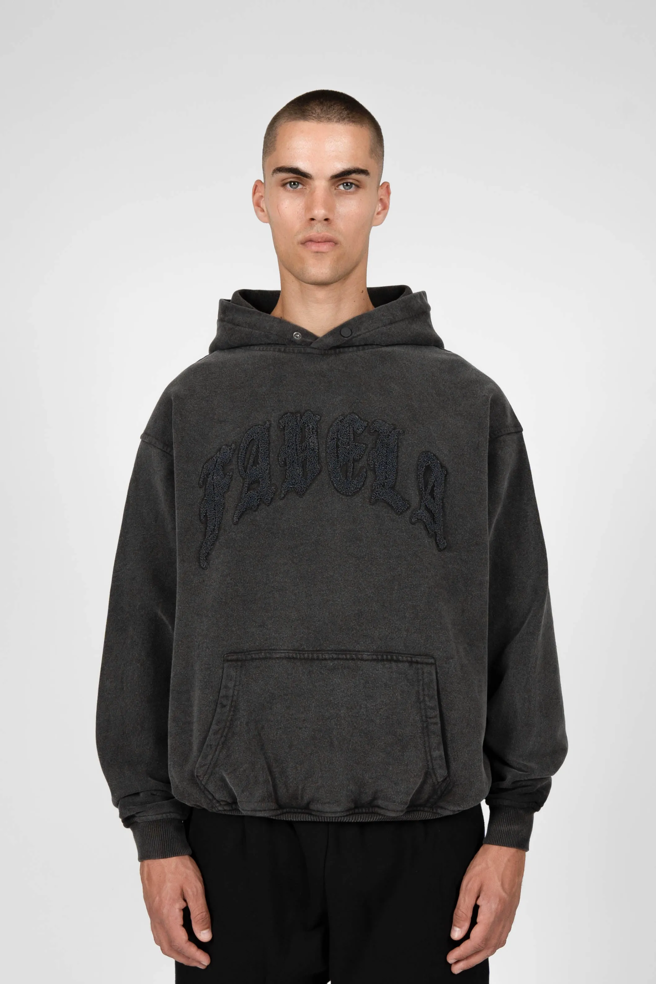 OLD ENGLISH BLACK WASHED SNAP BUTTON HOODIE