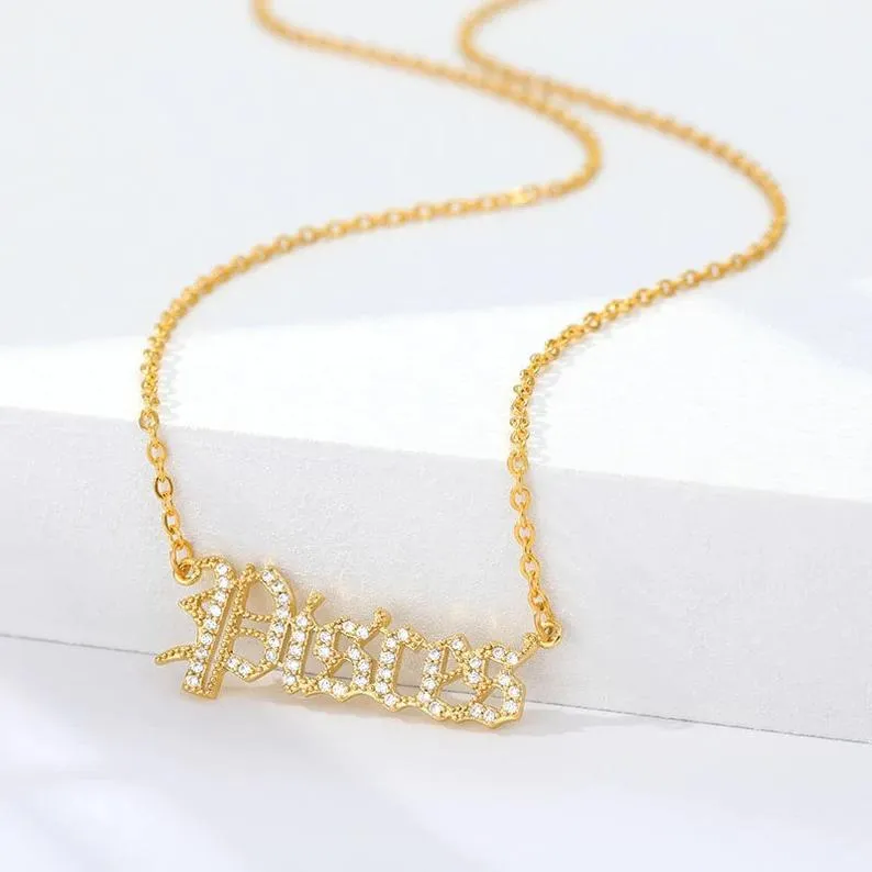 Old English Zodiac CZ Gold Necklace