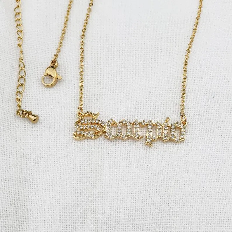 Old English Zodiac CZ Gold Necklace