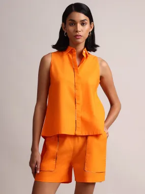 Orange Cotton Solid Shirt Style  Co-Ord Set