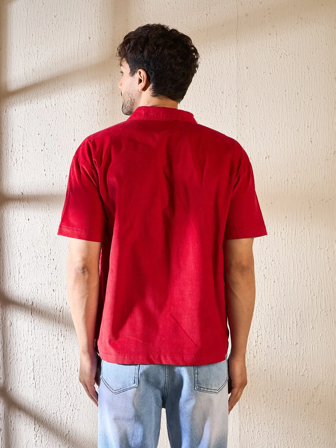 Red Corduroy Zipped Piping Shirt