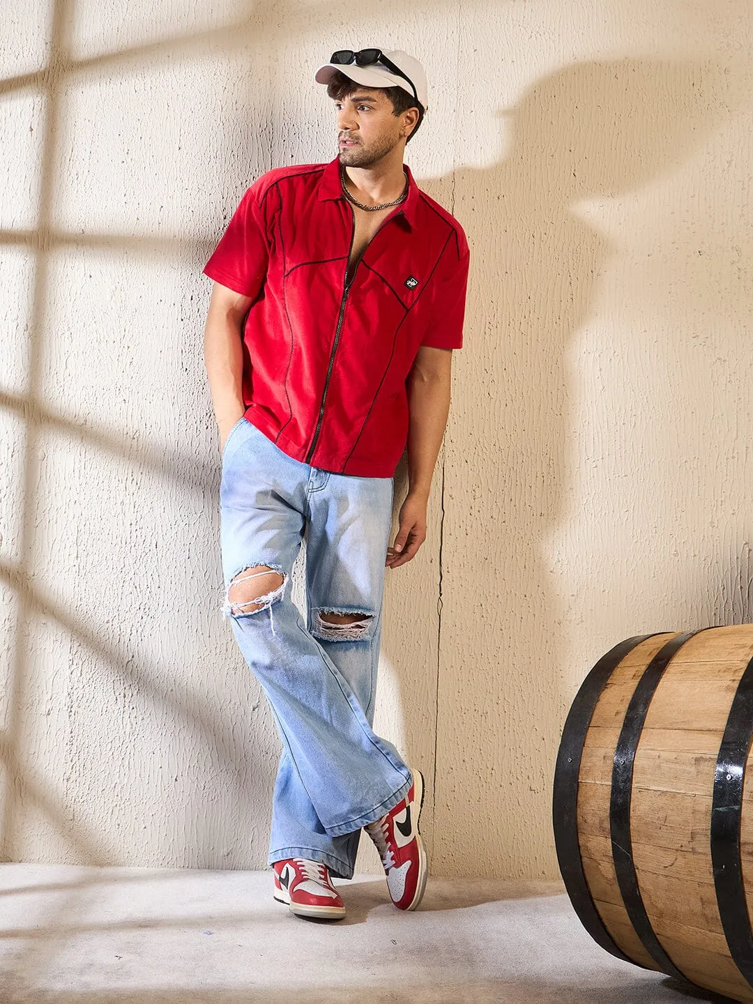 Red Corduroy Zipped Piping Shirt