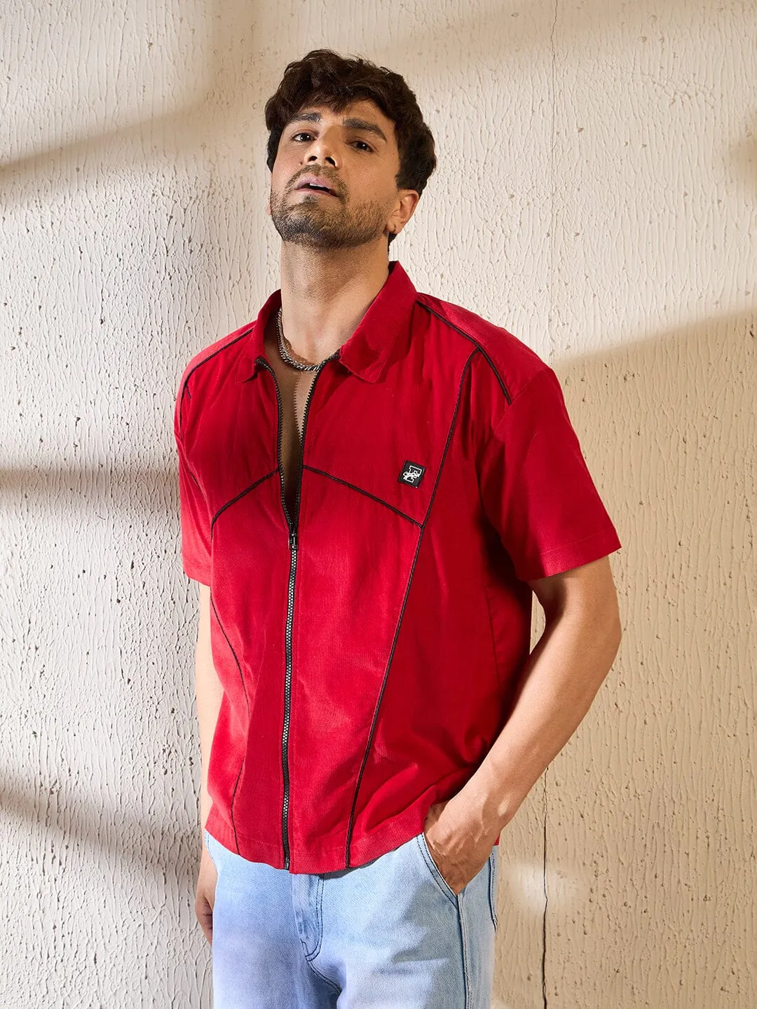 Red Corduroy Zipped Piping Shirt