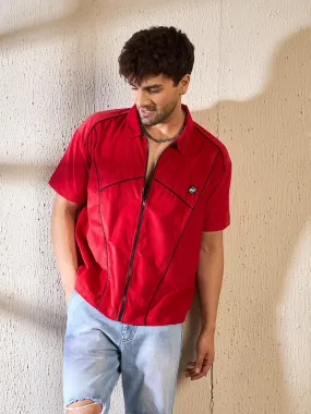 Red Corduroy Zipped Piping Shirt