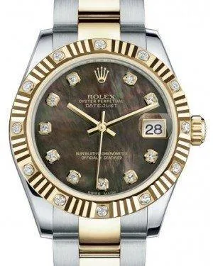 Rolex Datejust 31 Lady Midsize Yellow Gold/Steel Black Mother of Pearl Diamond Dial & Diamond Set Fluted Bezel Oyster Bracelet 178313