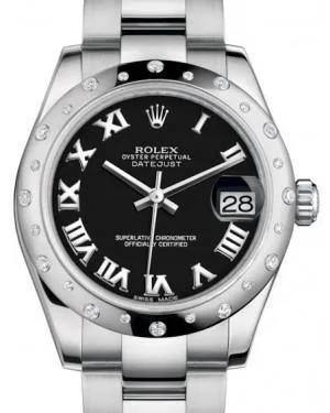 Rolex Datejust 31MM Lady Midsize White Gold/Steel Black Roman Dial & Diamond Set Domed Bezel Oyster Bracelet 178344 - NEW