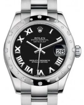 Rolex Datejust 31MM Lady Midsize White Gold/Steel Black Roman Dial & Diamond Set Domed Bezel Oyster Bracelet 178344 - NEW