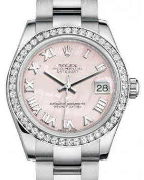 Rolex Datejust 31mm Lady Midsize White Gold/Steel Pink Mother of Pearl Roman Dial & Diamond Bezel Oyster Bracelet 178384 - NEW