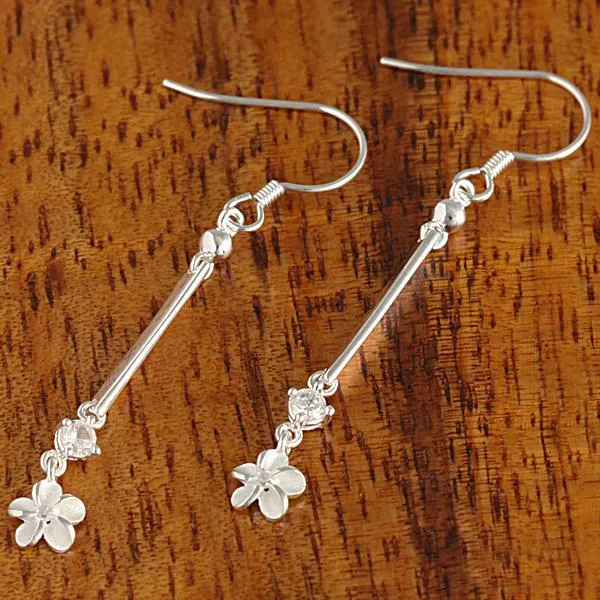 Sterling Silver Bead Bar CZ and Plumeria Hook Earrings