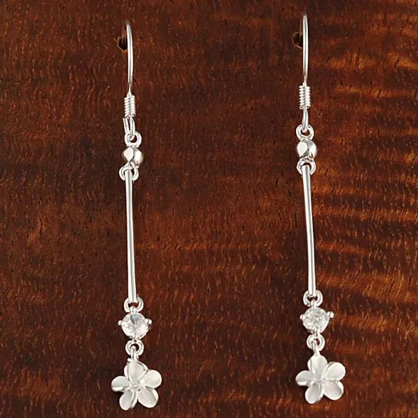 Sterling Silver Bead Bar CZ and Plumeria Hook Earrings