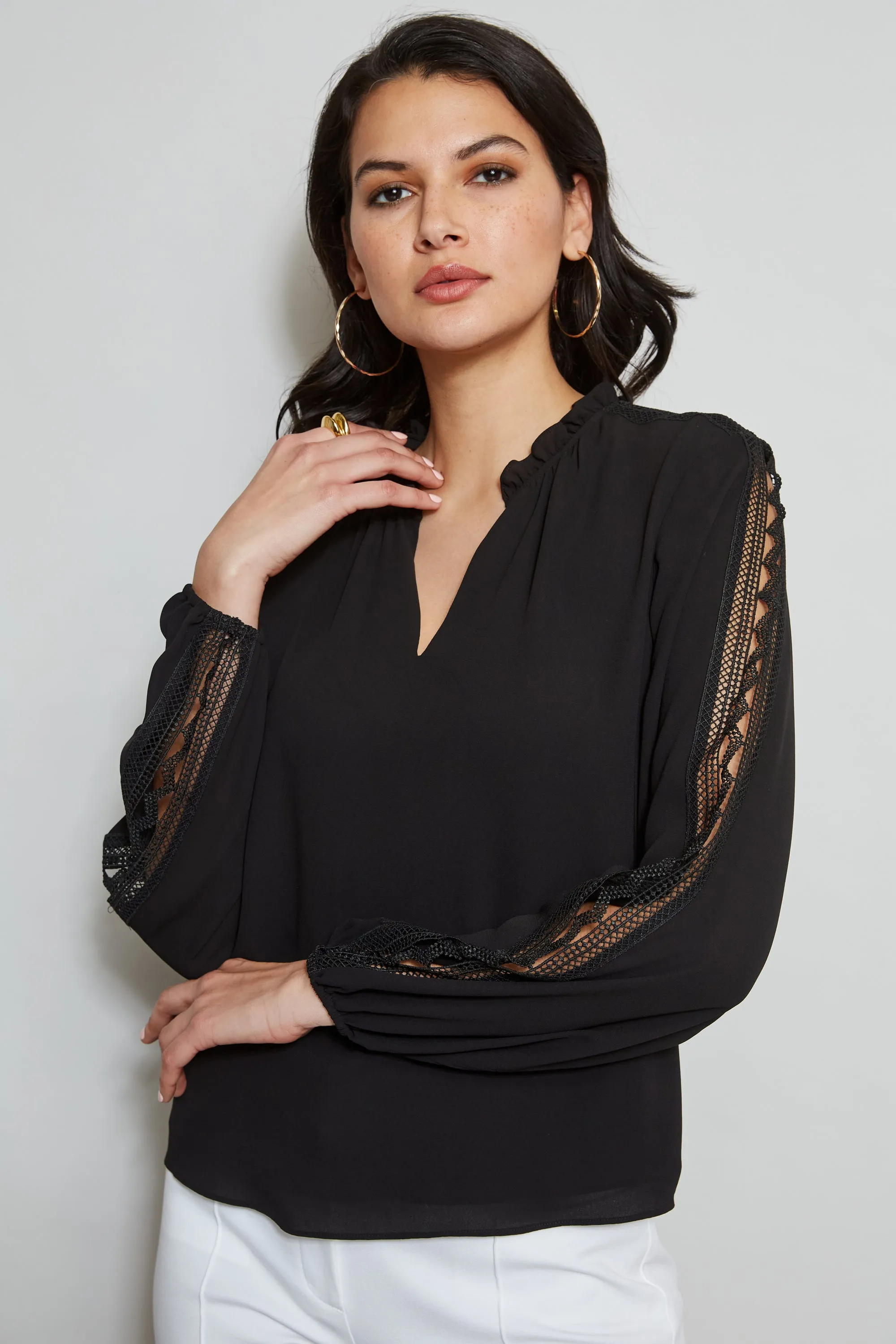 T-Tahari Split Neck Embroidered Sleeve Shirt