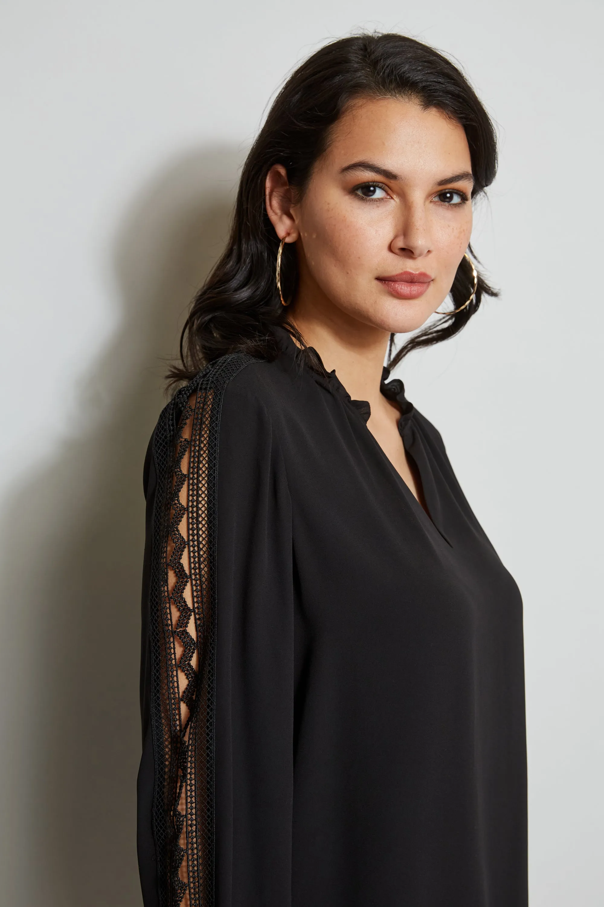 T-Tahari Split Neck Embroidered Sleeve Shirt