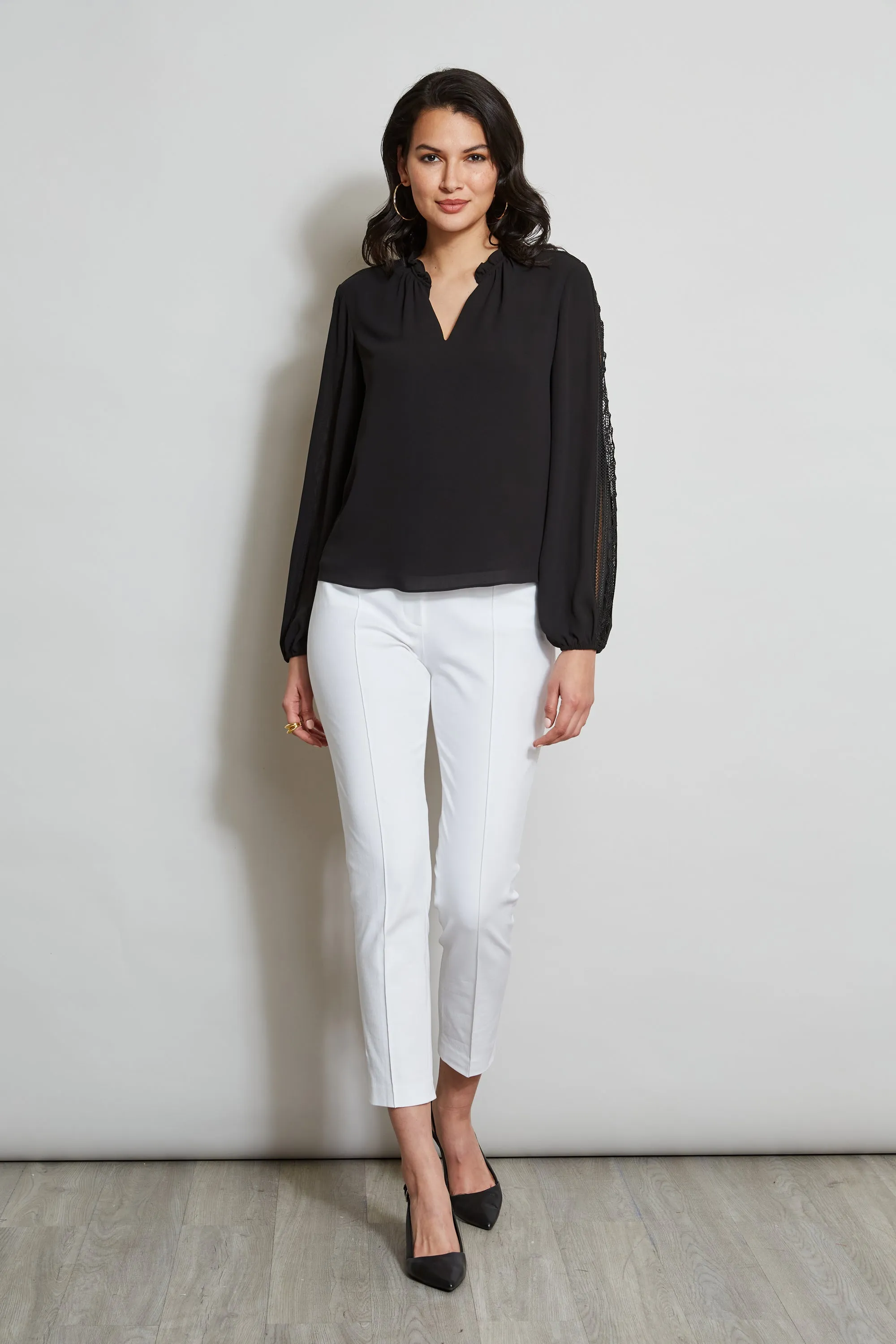 T-Tahari Split Neck Embroidered Sleeve Shirt