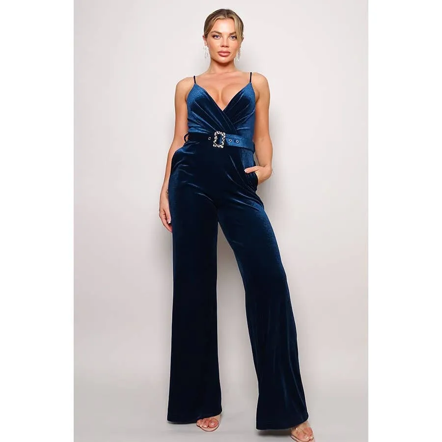 Teal Velvet Rhinestone Belt Jumpsuit