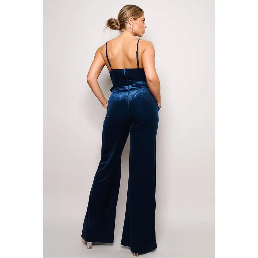 Teal Velvet Rhinestone Belt Jumpsuit