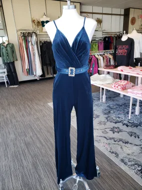 Teal Velvet Rhinestone Belt Jumpsuit