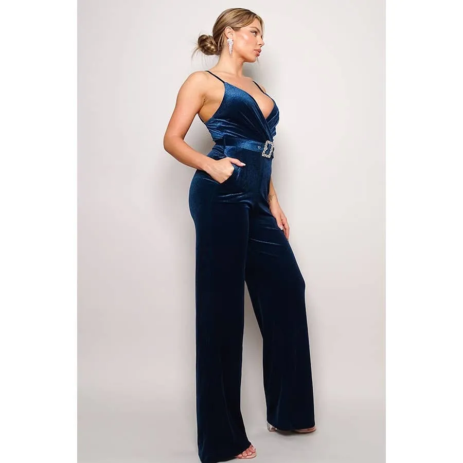 Teal Velvet Rhinestone Belt Jumpsuit